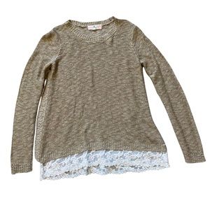 Tan knit womens sweater with lace bottom hem size S small Pink Republic